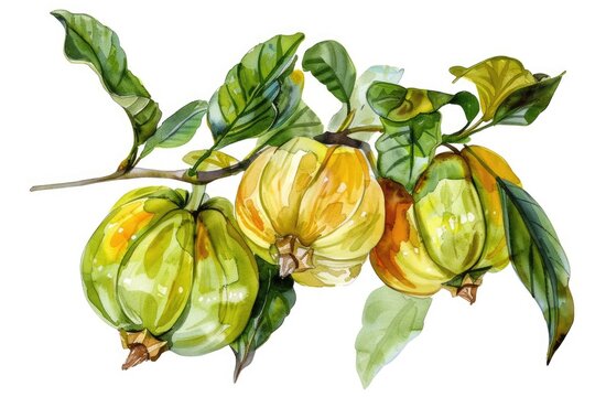 Exotic Cambodian Superfood: Watercolor Illustration of Garcinia Cambogia with Antioxidant Properties