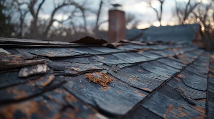 Close-Up of Weathered Wooden Shingles on Roof.