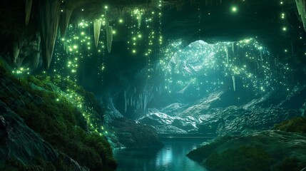 A mystical cave illuminated by glowing lights.