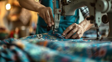 A tailor expertly operates a sewing machine, crafting vibrant fabric in a bustling workshop, showcasing skill and attention to detail