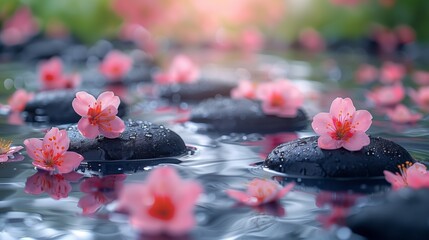 Pink flowers floating on spa water. Smooth black stones with pink flowers floating on tranquil water, creating a peaceful spa atmosphere.