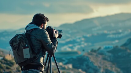 Photographer standing on a mountain top is taking pictures of a mountain landscape using a professional camera and tripod