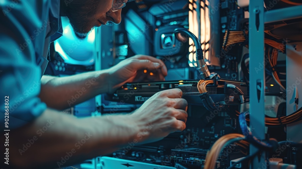 Poster a technician focuses on assembling a custom computer, ensuring all components are expertly placed an