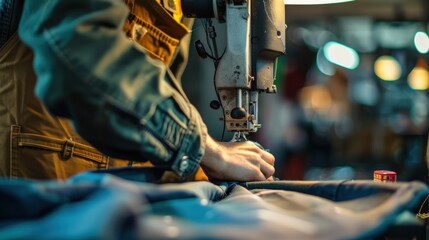 A tailor expertly stitches fabric with precision using a sewing machine in a well-lit workshop during the evening
