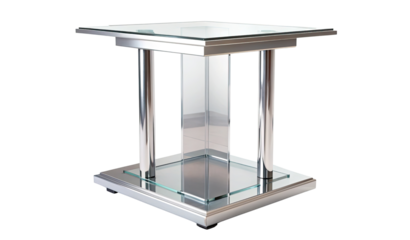 Modern glass side table with reflective surfaces isolated on a transparent background