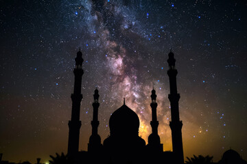 Silhouette of a Mosque with the Milky Way Galaxy in the Night Sky