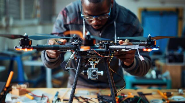 A technician meticulously attaches wires and components to a drone in a bustling workshop, focused on ensuring every detail is perfect - Powered by Adobe