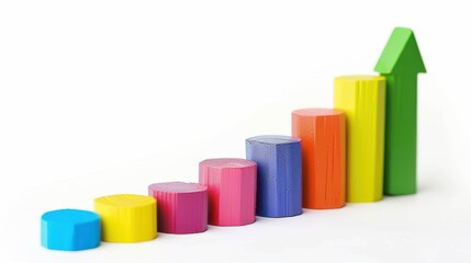 Vibrant bar chart with green arrow showing positive financial trend, symbolizing growth and profit in business and finance. Colorful abstract concept on white background