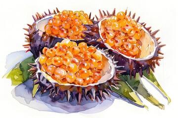 Exquisite Sea Urchin Caviar Watercolor Illustration. Luxury Japanese Delicacy Isolated on White