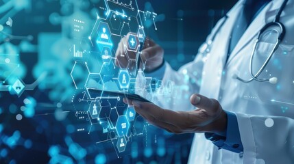 Doctor is using a digital tablet, interacting with futuristic medical software and data visualizations, showcasing innovative healthcare technology