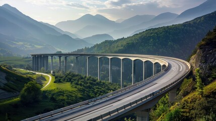 Modern highway viaduct winds gracefully through a stunning mountain landscape, blending infrastructure and nature harmoniously