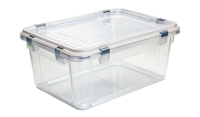 Transparent plastic storage box with black clips isolated on a transparent background