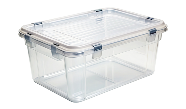 Transparent plastic storage box with black clips isolated on a transparent background