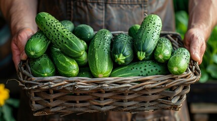 Close-up of the hands of a cucumber picker holding a basket full of freshly picked green cucumbers. The concept demonstrates organic farming and the harvest season.