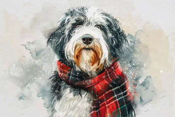 Watercolour style Christmas theme illustration of a Bearded Collie with a tartan scarf round its neck. Great for social media and greeting cards