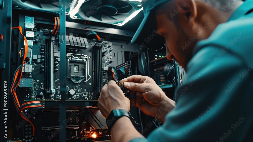 Poster A technician carefully installs a new motherboard into a desktop computer in a modern workspace during late afternoon hours