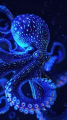 Obraz premium Bioluminescent Octopus Glowing Underwater in Deep Blue Sea