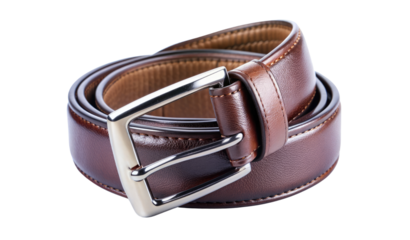 Brown leather belt with a shiny silver buckle isolated on a transparent background
