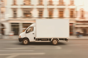 Side view of small truck vehicle with empty blank white mockup driving through city street: template for advertisement, commercial business transport, delivery cargo