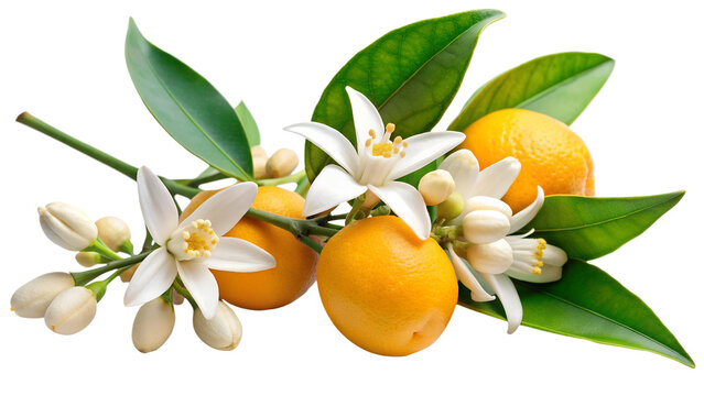 Twig of Neroli citrus with blossom and fruits isolated on white transparent background, cut out png element. Citrus aurantium neroli