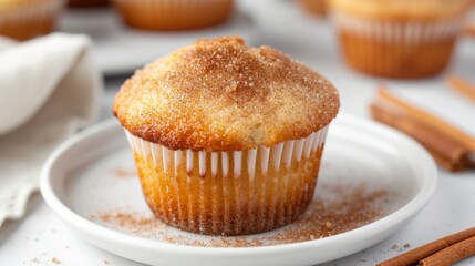 Cinnamon sugar muffin on a white plate