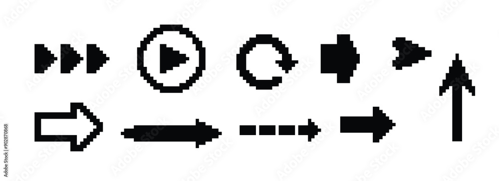 Poster 8 bit pixel arrows vector big set of icons, collection of arrow direction cursors in old pc or gamin