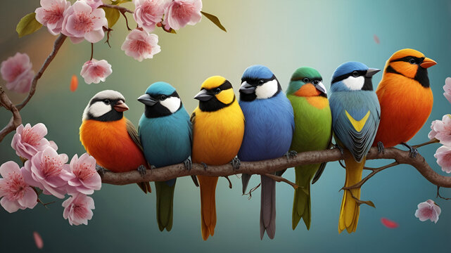 Birds on a branch discover the colorful avain harmony of nature, Beautiful colorful birds on a tree nature background Generated by Ai