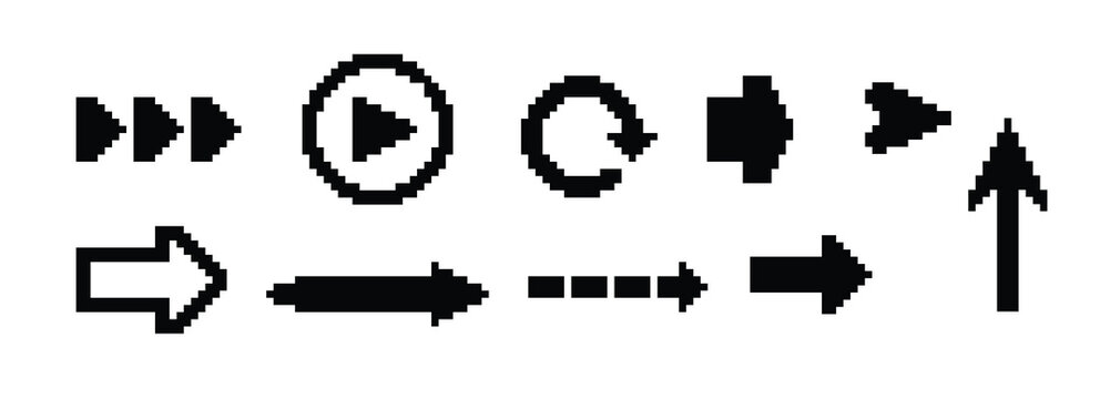 8 Bit pixel arrows vector big set of icons, collection of arrow direction cursors in old PC or gaming console style, single color symbols