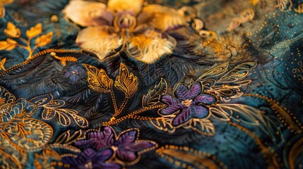 This traditional batik fabric displays intricate floral patterns, showcasing the craftsmanship and vibrant colors unique to Indonesia&rsquo;s cultural heritage