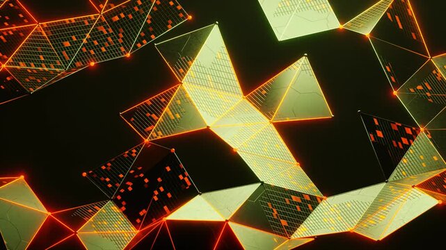 3D rendering 4K animation of Plex, Glowing Geometric Shapes on a dark background. Abstract futuristic technology video with digital elements.
