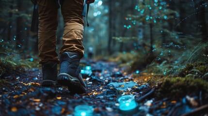 Hiker is following a magical glowing path through a mysterious forest at night, creating a sense of wonder and adventure