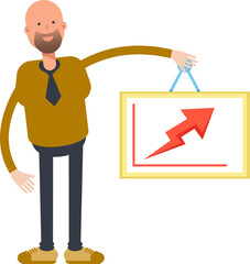 Bald Businessman Character Holding Arrow Chart
