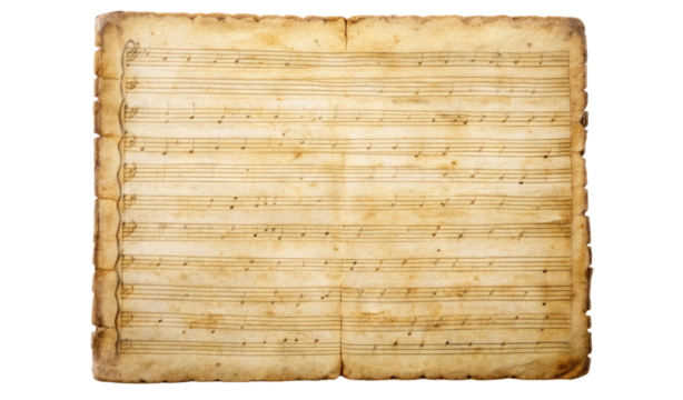 Aged sheet of music with faded notes isolated on a transparent background