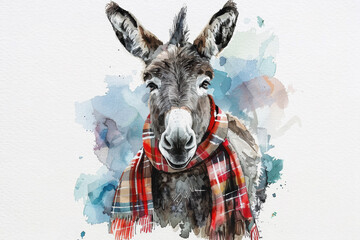 Watercolour style Christmas theme illustration of a cute donkey, with a tartan scarf round its neck.  Great for social media and greeting cards