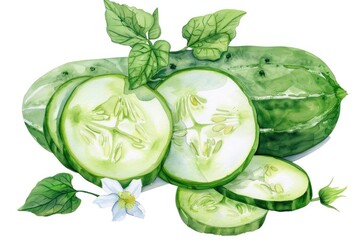 Obraz premium Fresh Green Cucumber Watercolor Illustration Isolated on White Background with Flower and Leaves