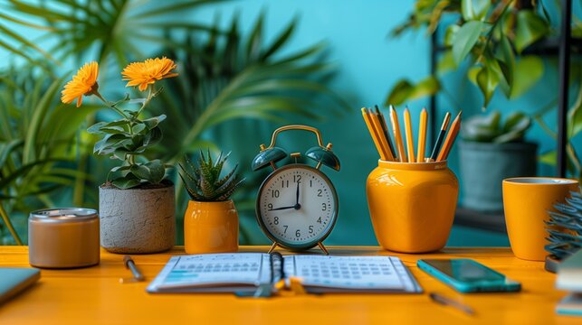 A bright yellow desk with an alarm clock, a planner, a pencil holder filled with pencils, and a potted plant.
