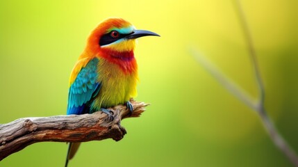 Obraz premium Colorful bird perched on a branch, set against a soft green background