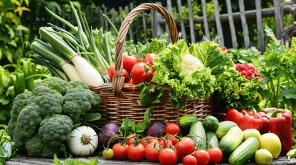 Variety of fresh organic vegetables and fruits in the garden Balanced diet