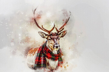 Vibrant Watercolour style Christmas theme illustration of a reindeer, with a tartan scarf round its neck. Great for social media and greeting cards