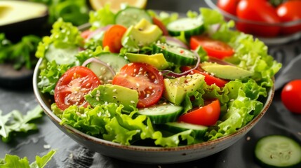 Salad made with fresh ingredients like lettuce, tomatoes, cucumbers, and avocados