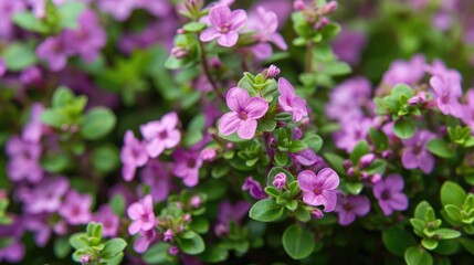 Naklejka premium Medicinal and food herb Thymus serpyllum Breckland thyme Breckland wild thyme creeping thyme or elfin thyme blossoms close up Natural medicine Culinary ingredient and fragrant spice in habitat