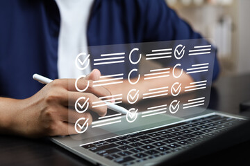 Digital Checklists for efficient business management, Businessman touching marking on checklist...