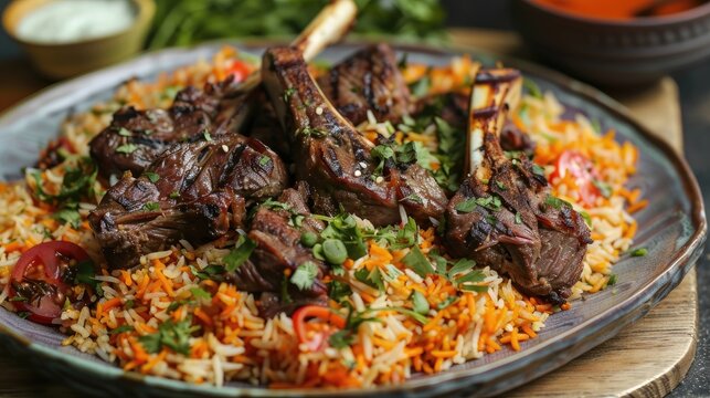 A plate of mandi rice with grilled lamb
