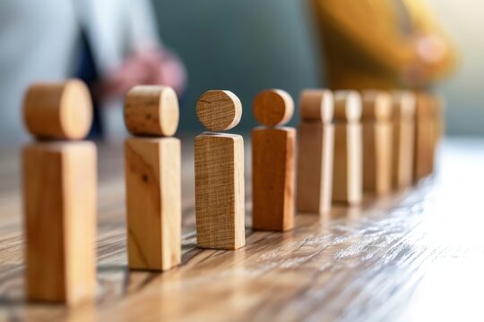 Standing Out From the Crowd: Wooden figures in a line, one distinct individual a shade different, symbolizing uniqueness, leadership, and the courage to be yourself. 