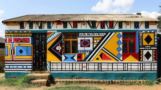 A vibrant Ndebele mural adorns a house, showcasing intricate geometric patterns and bold colors in a culturally rich South African community