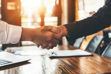 Handshake of Agreement: Two businessmen shake hands over a table, symbolizing trust, partnership, and the start of a successful venture. The warm sunlight streaming through the window adds a sense of 