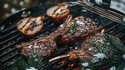 High angle of delicious hot Tomahawk steak and halves of onion preparing on grill rack in winter night
