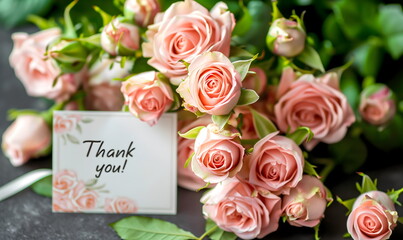 Thank you card. Thank you. Bouquet of pink roses.