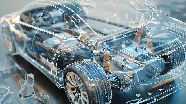 Detailed exploded view of a transparent electric vehicle showcasing the technical assembly of
