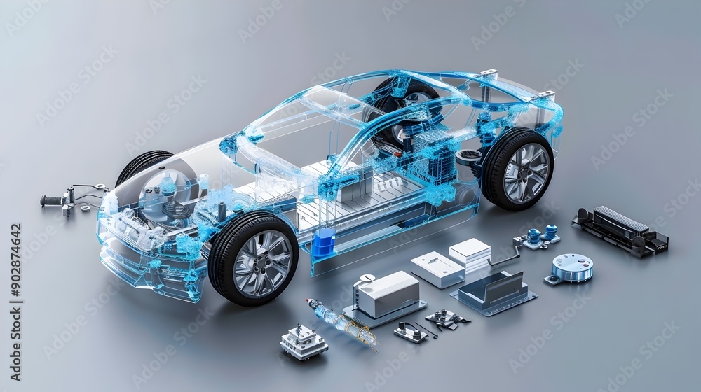 Poster transparent electric vehicle 3d model in exploded technical format